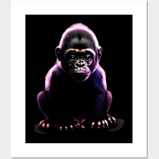 Cute baby gorilla standing under purple light Posters and Art